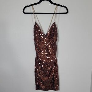 Crystal Doll Bronze Sequin Mini Dress Chain Straps Size S Formal Cocktail